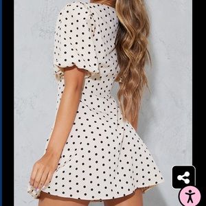 Stone Polka Dot Puff Sleeve Tie Wrap Tea Dress